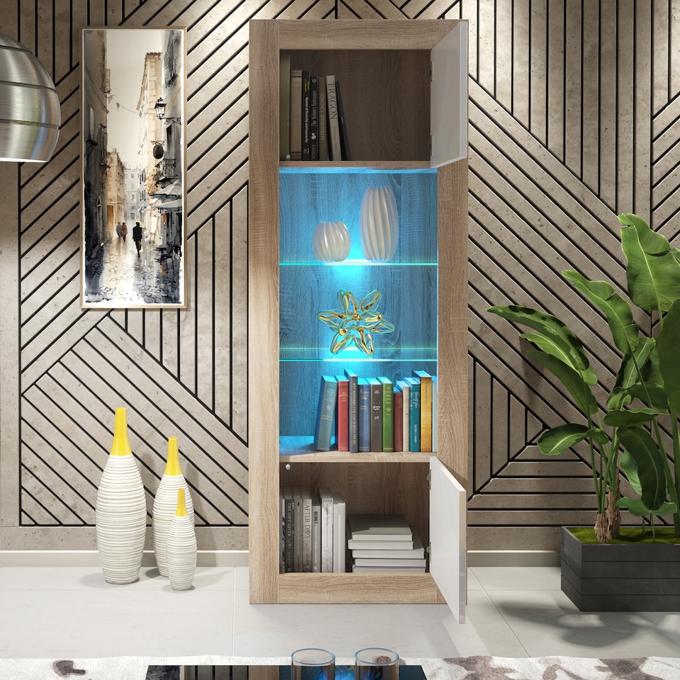 image 1 of Display Cabinet Bookcase Sideboard Storage Cabinet Cupboard Oak White High Gloss LED 170cm