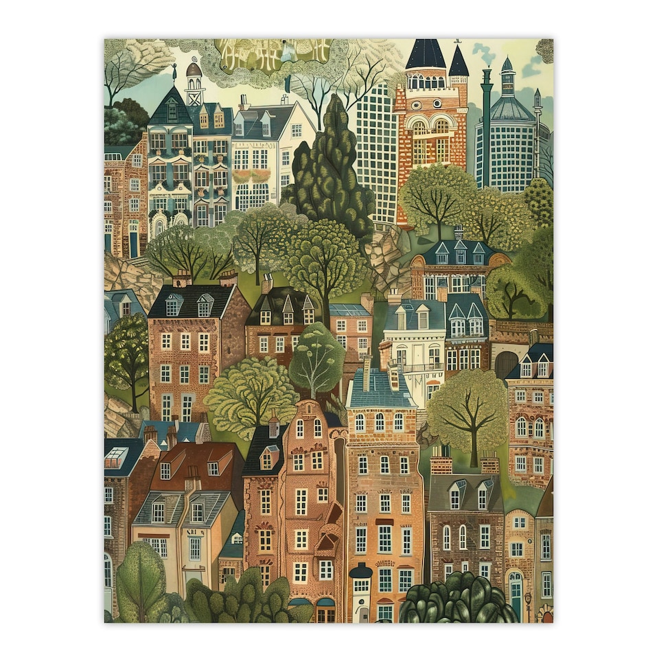 image 1 of Townhouses Trees Cityscape Living Room Black Framed Wall Art Print A4