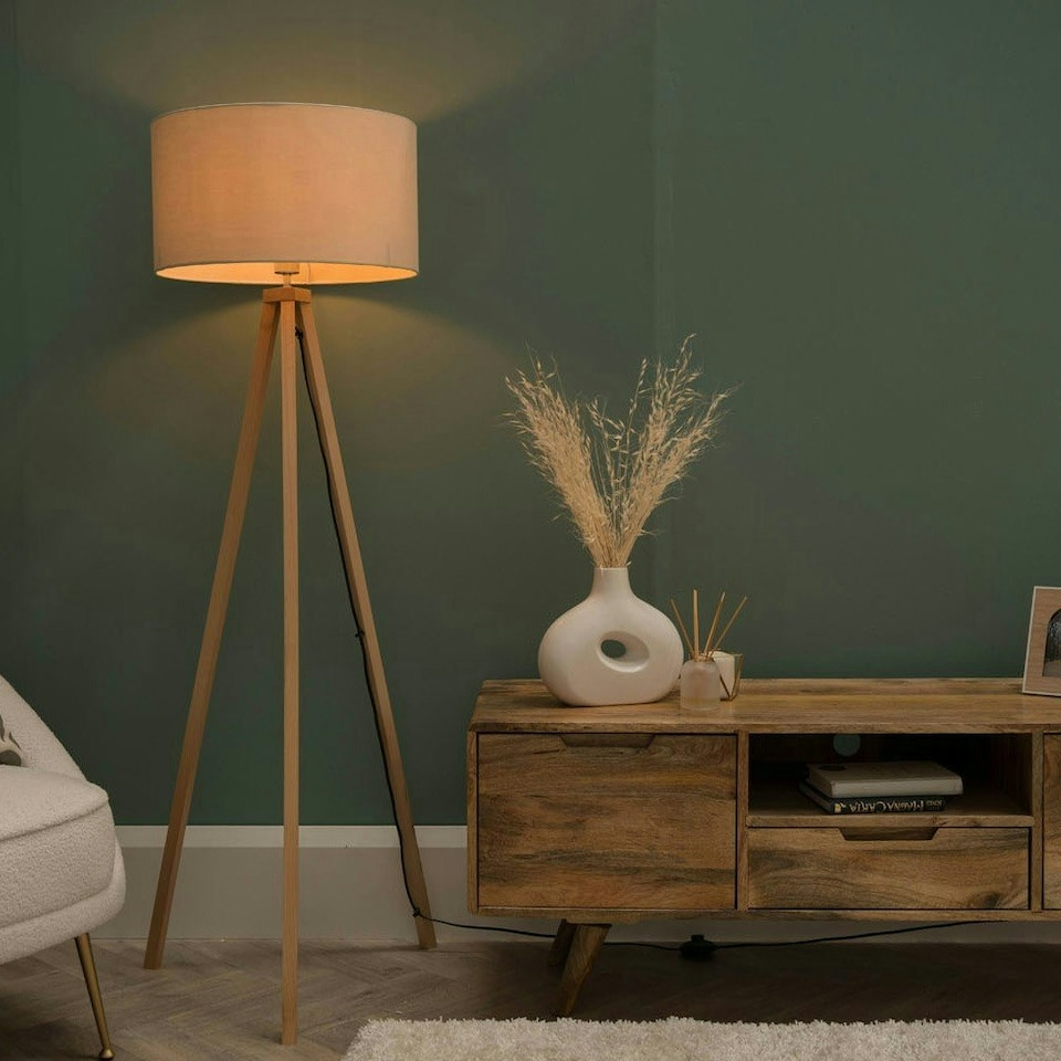 image 1 of ValueLights Barbro Wood Tripod Floor Light Lamp Natural Shade Cream