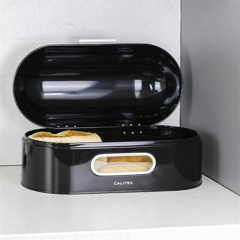 image 1 of CALITEK Retro Bread Bin Round Top Kitchen Counter Coated Carbon Steel Black