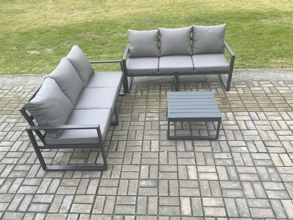 image 1 of Fimous Aluminium 3 Pieces Garden Furniture Sofa Set with Cushions 6 Seater Outdoor Patio Set with Square Coffee Table Dark Grey