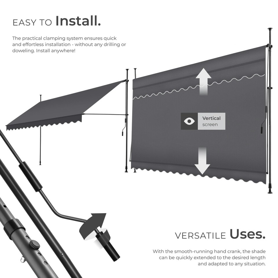 image 1 of Awning with hand crank - pressure fitted , height adjustable Black | Grey | 180 x 400 cm