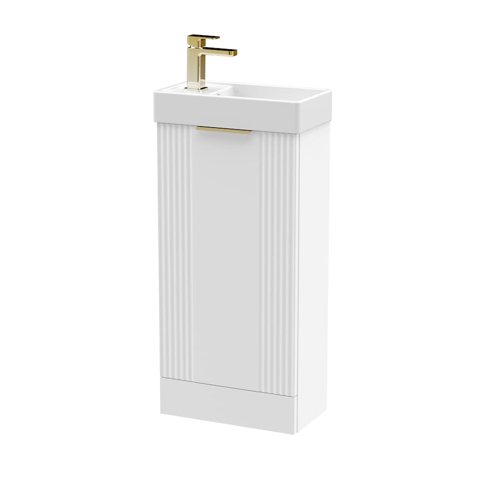 image 1 of White 400mm Floor Standing Vanity Unit with Brushed Brass Handle | White | Satin White | 1