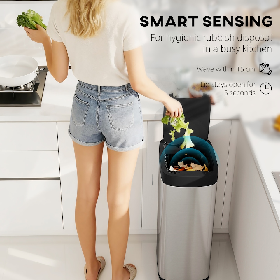 image 1 of HOMCOM 50L Sensor Bin, Automatic Touchless Kitchen Bin with Motion Sensor, Manual Override, Battery Operated, Fingerprint-Resistant, Inner-Bucket-Free, for Kitchen, Bedroom, Home Office, Silver Tone | Silver | Silver