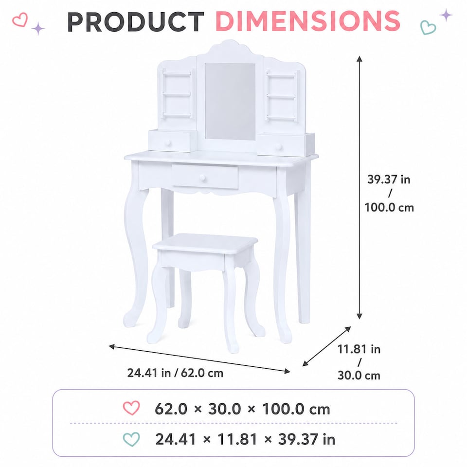 image 1 of Teamson Kids Wooden Kids Vanity Table and Stool Set, White with Drawers