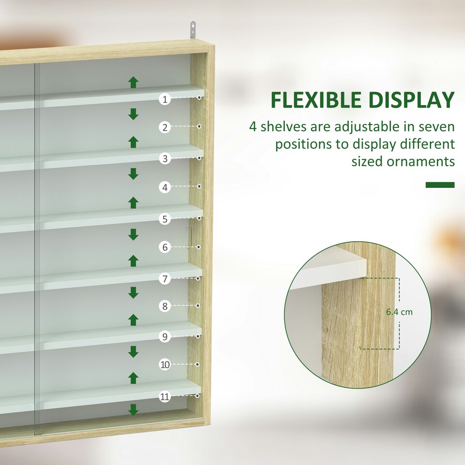 image 1 of HOMCOM 7-Tier Wall Display Cabinet w/ Shelves Glass Doors, Rustic Brown Yellow