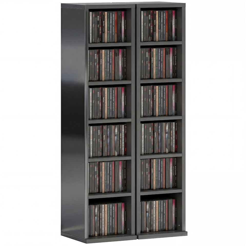 image 1 of HOMCOM Set of 2 CD Storage Units DVD Shelf with Adjustable Shelves | Black | High Gloss Black | 21W x 22.5D x 88.5H cm