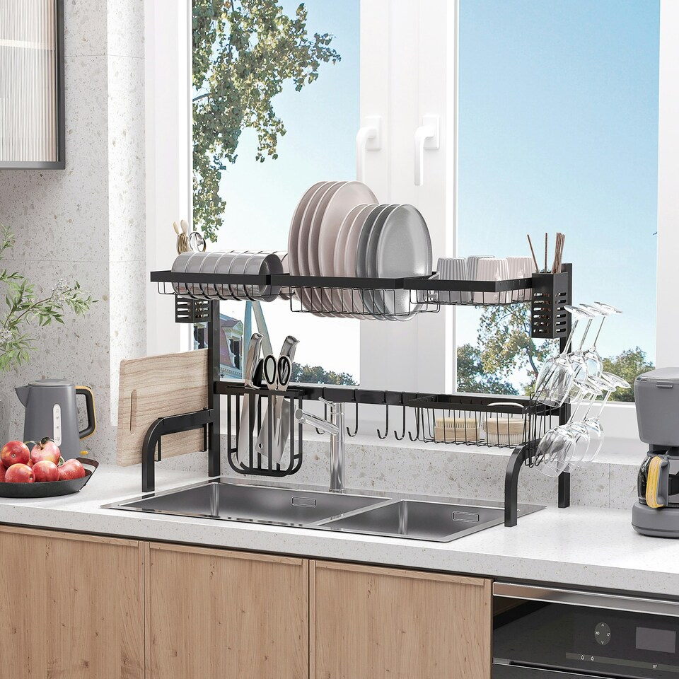 image 1 of HOMCOM Over The Sink Dish Drainer Rack, 2 Tier Dish Rack for Kitchen, Black