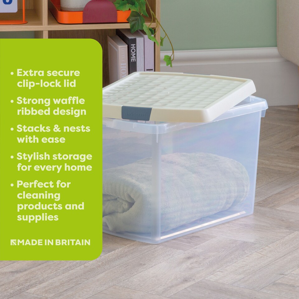 image 1 of Wham Clip 5x 21.5L Rectangular Plastic Storage Boxes with Clip Lock Lids. Ideal for Home, Office, Toys & More - Clear/Stone | Cream | Stone | 5