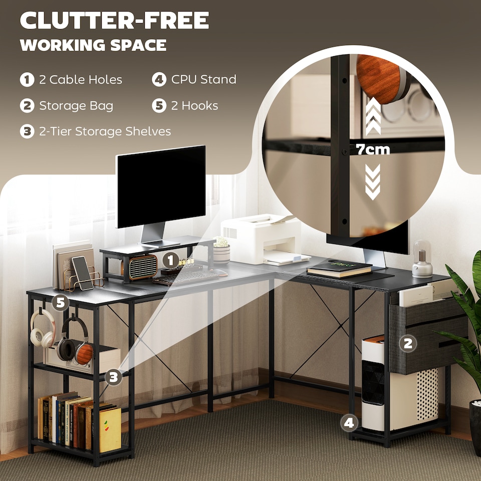 image 1 of HOMCOM 168cm Reversible L Shaped Desk, Industrial Corner Computer Desk with Adjustable Shelf and Storage Bag, 240cm 2 Person PC Table with Monitor Stand, Black | Black