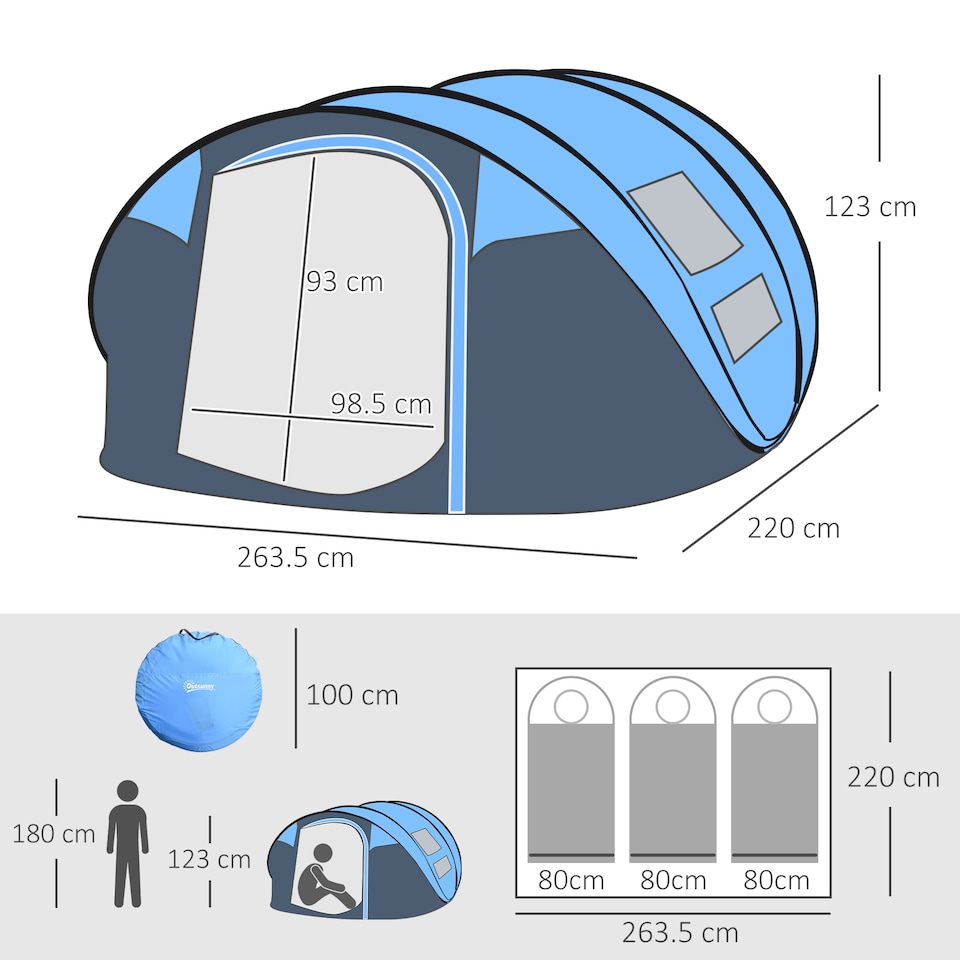 image 1 of Outsunny Camping Tent Dome Pop-up Tent with Windows for 3 Person Sky Blue