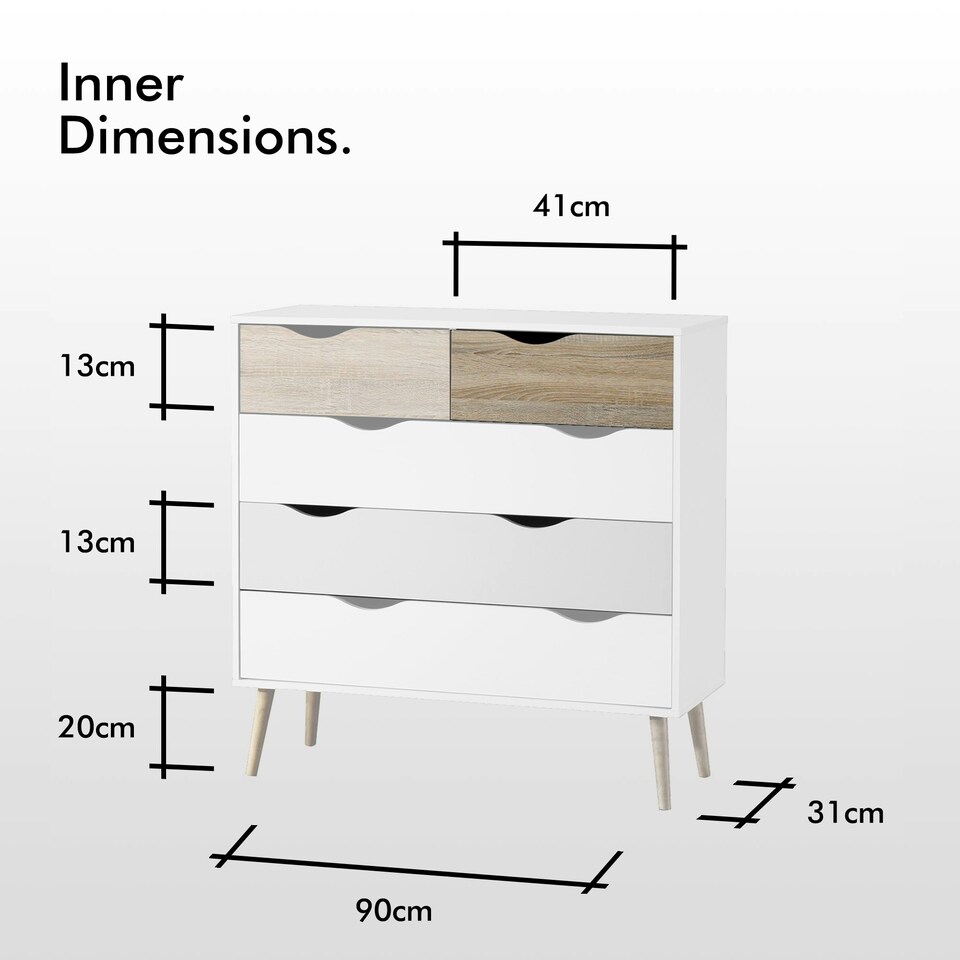 image 1 of VonHaus White and Oak Effect 5 Drawer Chest of Drawers for Bedroom White | Brown