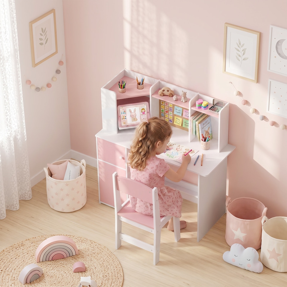 image 1 of AIYAPLAY Kids Desk and Chair Set w/ Cabinets for Ages 5-12 Years, Pink