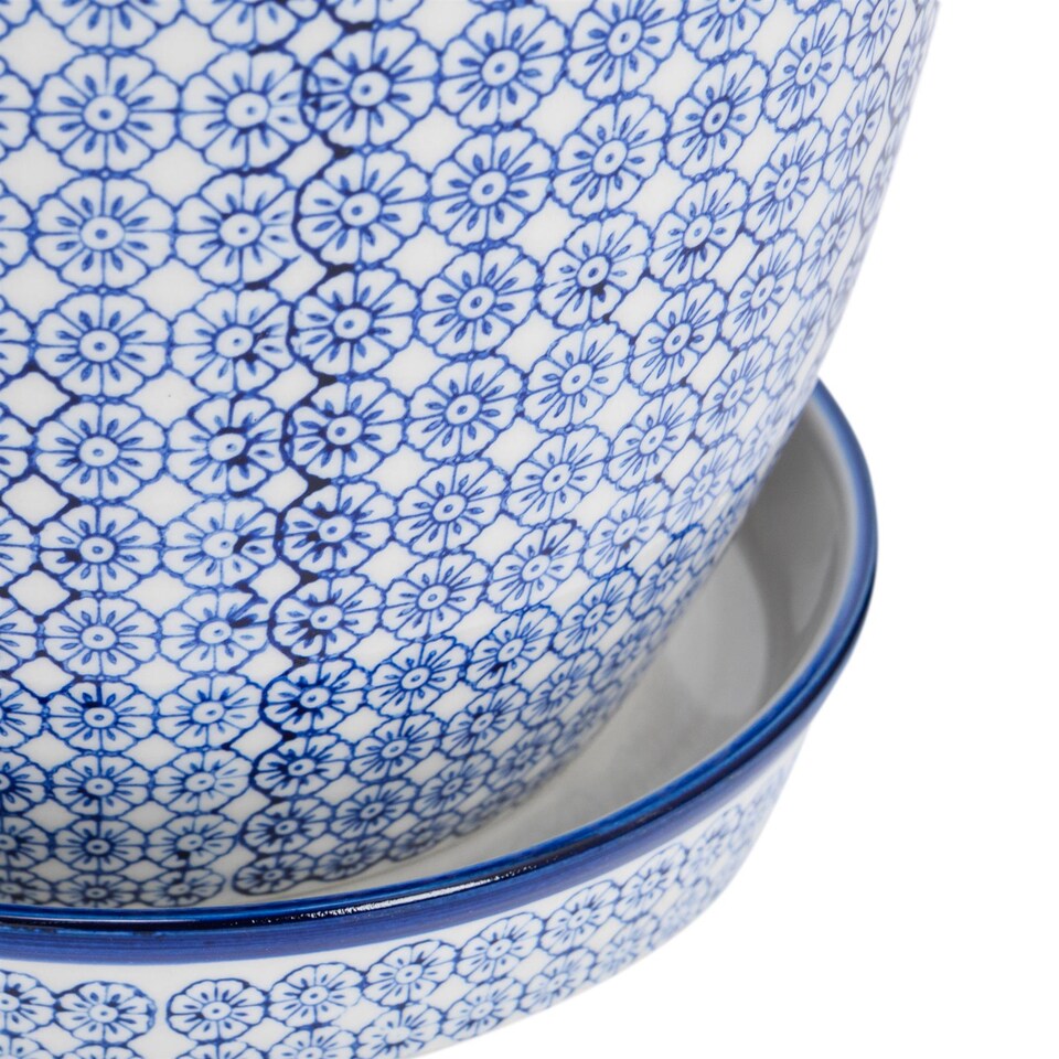 image 1 of Nicola Spring Hand Printed Plant Pot with Saucer - 22cm - Navy | Blue | Navy