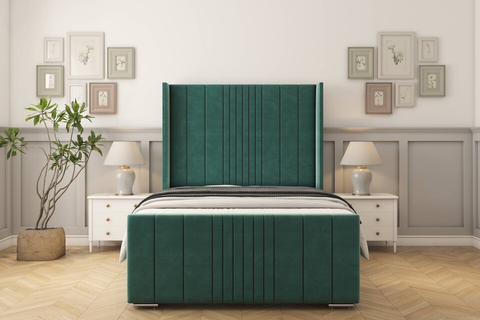 image 1 of Sloomy Hargrave Emerald Plush Bed Frame With 50"  Upholstered Wingback Headboard 4' Small Double