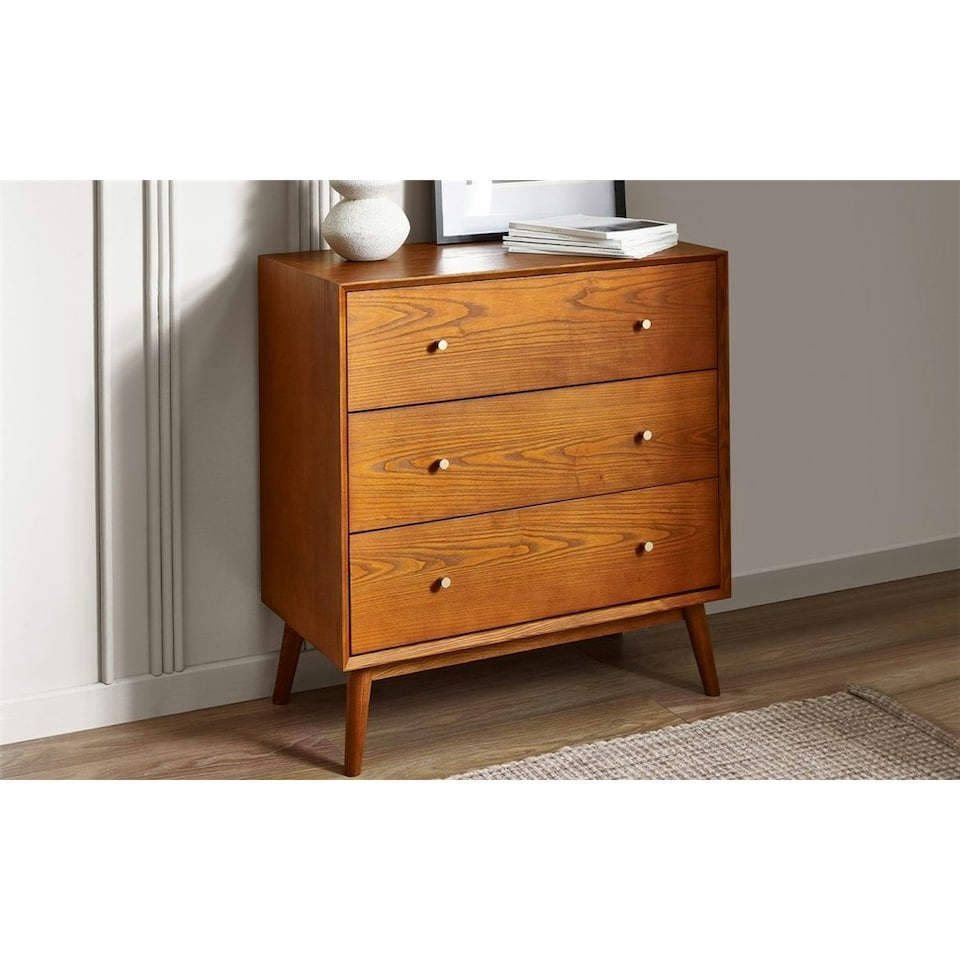 image 1 of Cherry Ash Wood Veneer Chest of Drawers - 3 Drawers
