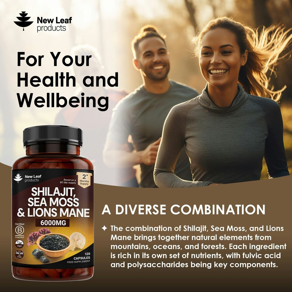 image 1 of Shilajit, Sea Moss & Lion's Mane Capsules - Mood & Anxiety Support - Vegan 120 Capsules