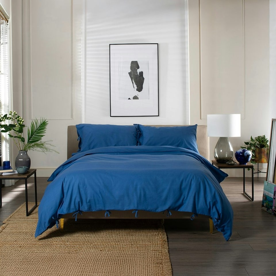 image 1 of 100% Washed Cotton Duvet Cover Set – Soft, Breathable & Textured with Tie Fastening | Blue | Blue | Single