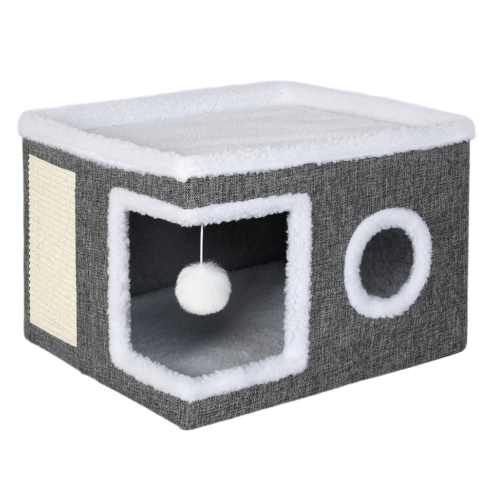 image 1 of Skylos Cat House Indoor Cat Cave with Scratch Pad Fluffy Ball Cat Bed Pet House