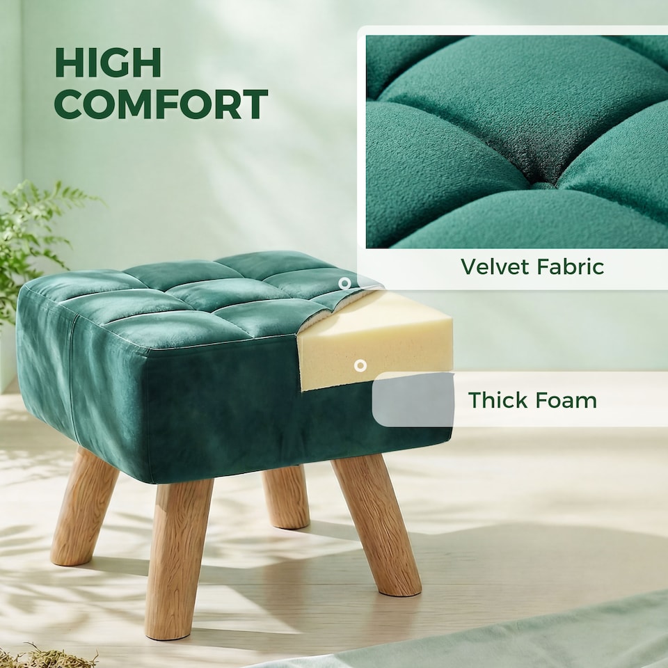 image 1 of HOMCOM Modern Footstool, Fabric Foot Rest with Rubber Wood Legs, Dark Green