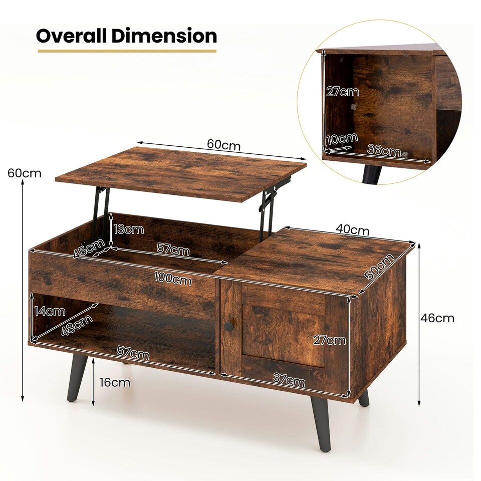 image 1 of COSTWAY Lift Top Coffee Table w/Hidden Compartment Brown Brown