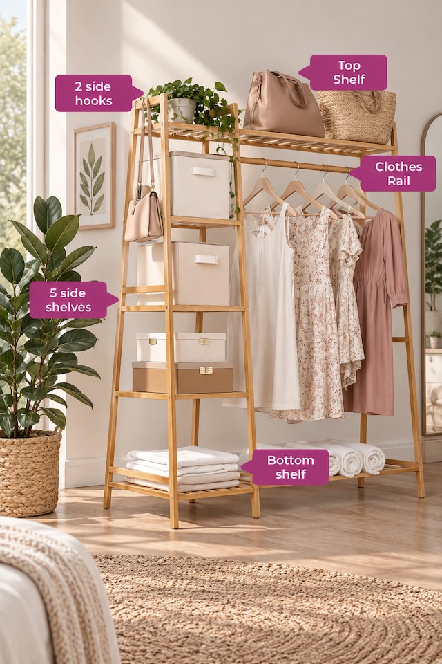 image 1 of Neo Bamboo Rack Clothes with Storage Shelf Hanging Rail and Side Hooks | Brown