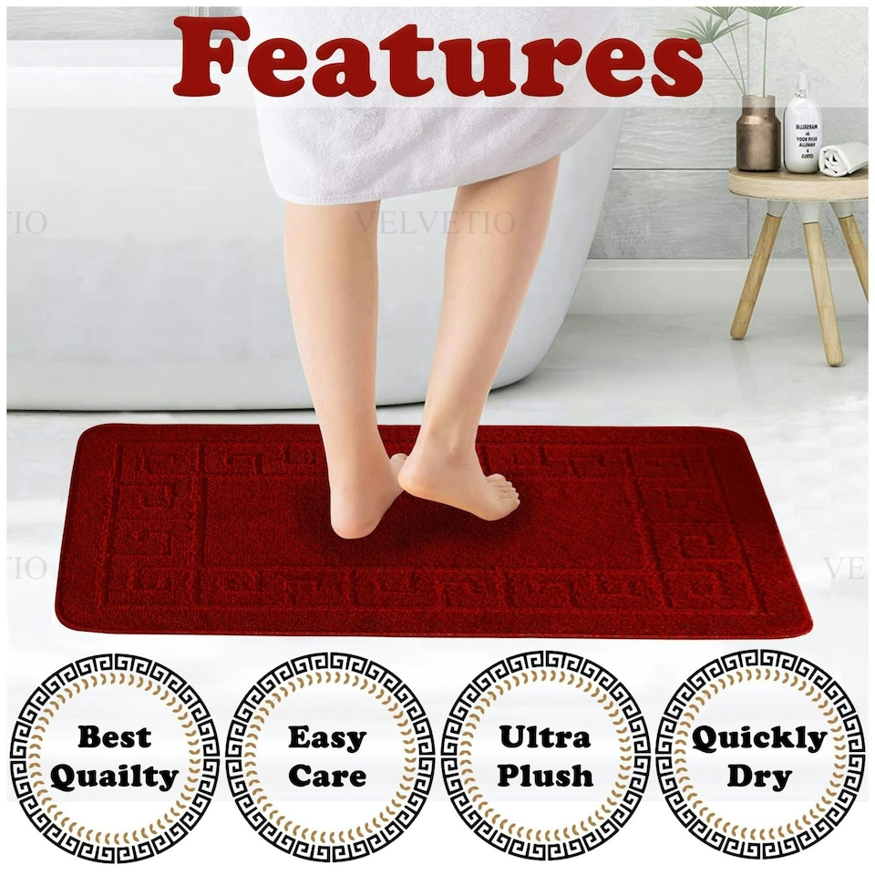 image 1 of VELVETIO Greek Bath Mat & Pedestal Mat Water Absorbent Non Slip Toilet Rugs Red