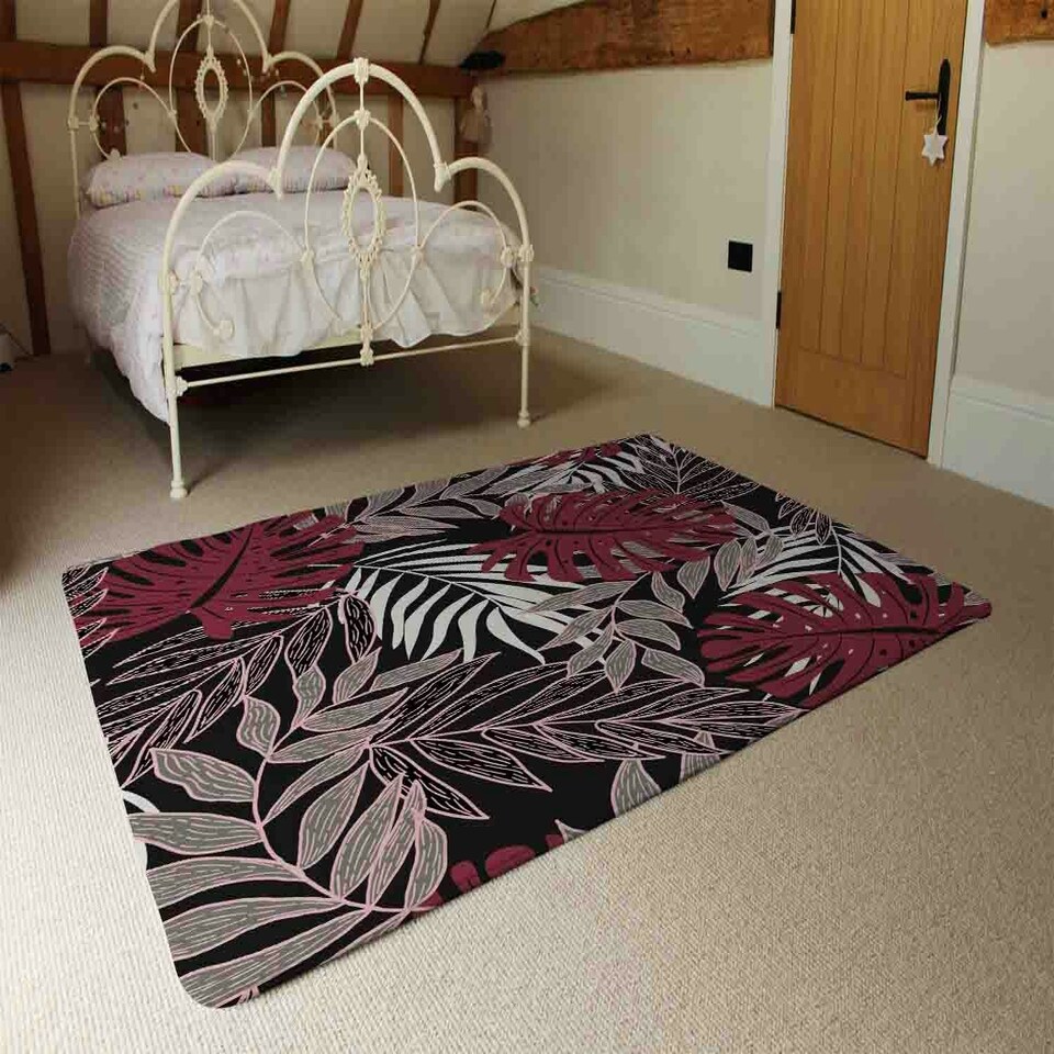 image 1 of Tropical Leaves in Red, White & Grey (Rug) Multi | XL: 160x230cm