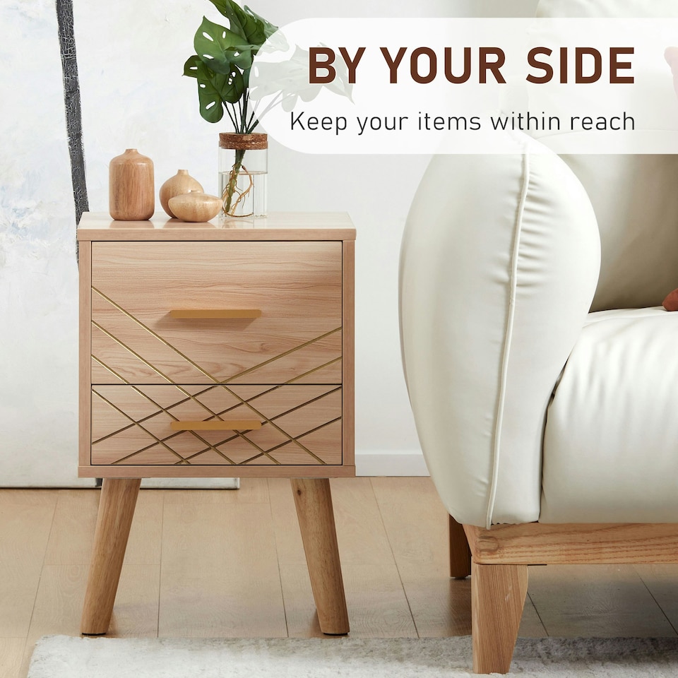 image 1 of HOMCOM Bedside Cabinet, Nordic Bedside Table with 2 Drawers Wood Legs, Natural