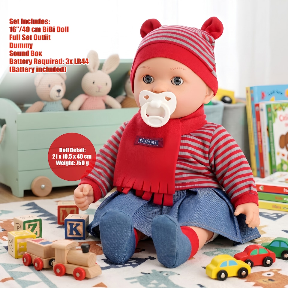 image 1 of BiBi Doll 16" Baby Doll Girl With Red Outfit, Sounds, Toy Dummy & Moving Eye Lids