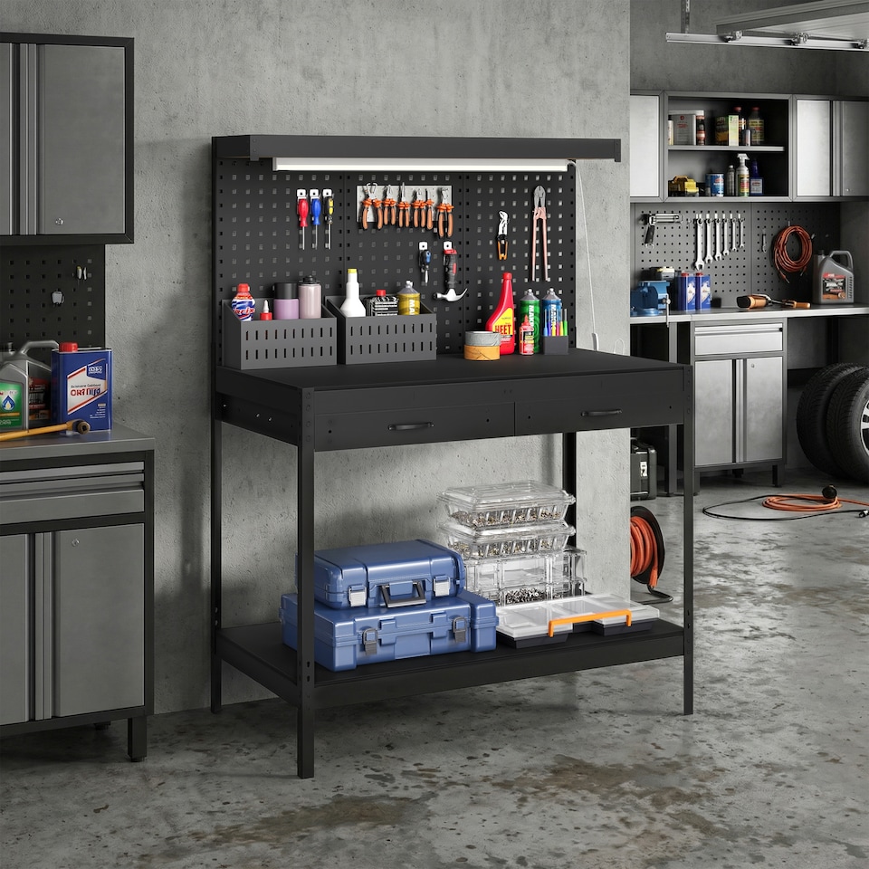 image 1 of HOMCOM 110 cm Workbench with Pegboard and LED Light, 272 kg Load Capacity | Black | Black | 110L x 60W x 150H cm
