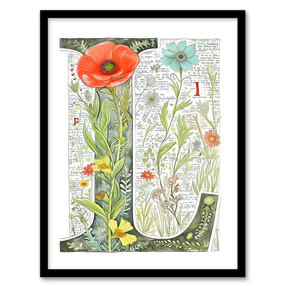 image 1 of Letter L Flowers Botanical Floral Birthday Gift Mum Black Framed Wall Art Print A4