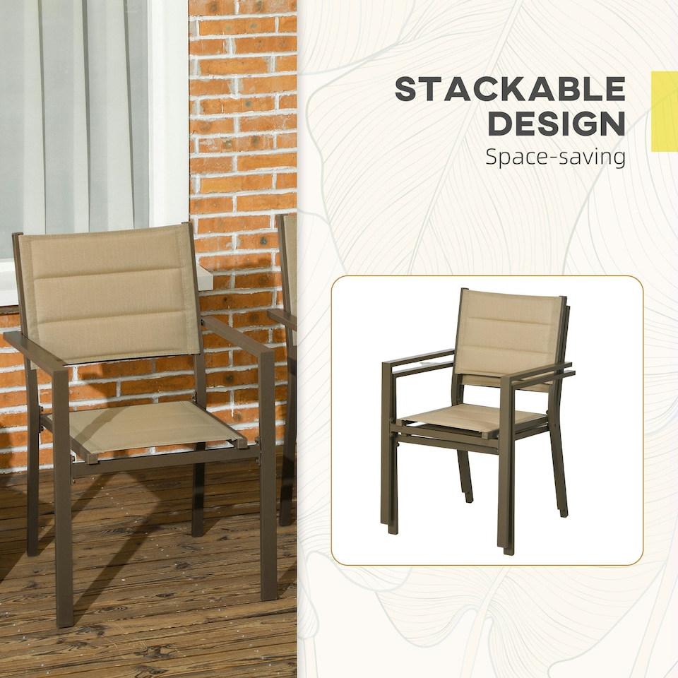 image 1 of Outsunny 2 PCs Dining Chairs, Stackable Design Aluminium Outdoor Armchairs Khaki