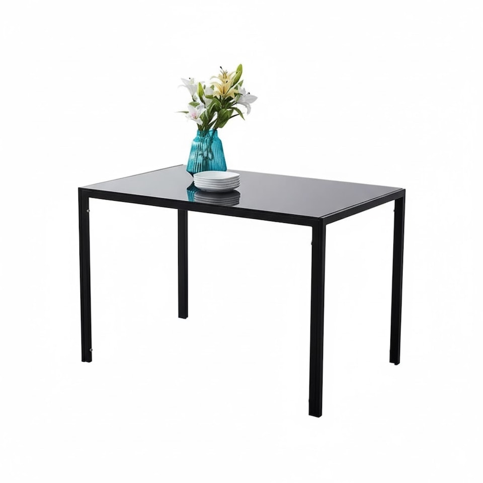 image 1 of Modern Black Glass Dining Table Set with 4 Mustard Faux Leather Chairs Dining Room Set