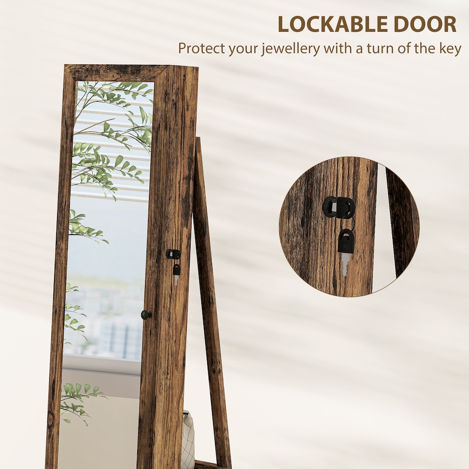 image 1 of HOMCOM 360  Swivel Jewellery Cabinet, Free Standing Full Length Mirror with Storage, Lockable Jewellery Organiser with Built-in Makeup Mirror and Storage Shelves for Bedroom, Rustic Brown | Brown | Rustic Brown