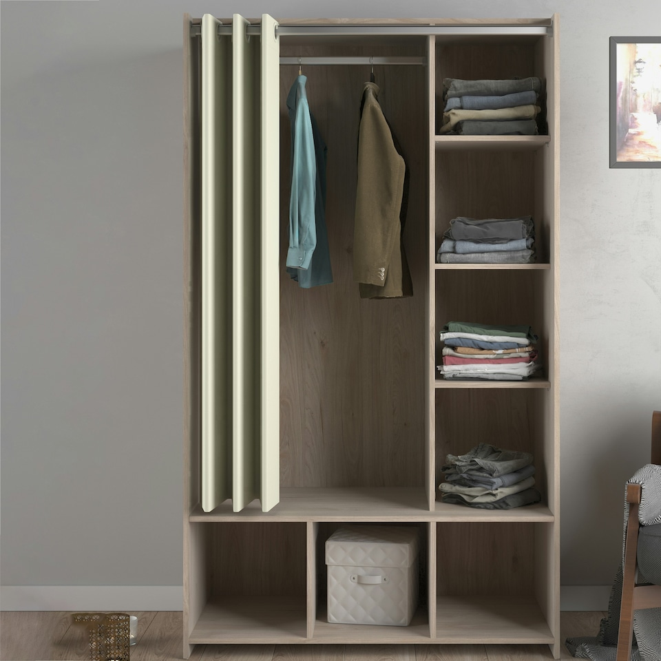image 1 of Uppsala Open Wardrobe Unit in Jackson Hickory Oak with a Beige Textile Curtain