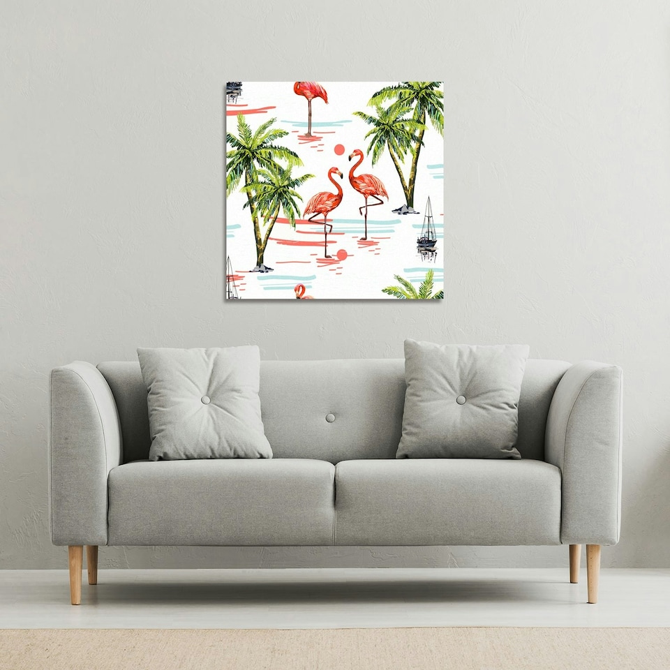 image 1 of Flamingo & Palm Trees (Canvas Print) 46 x 46 x 4cm
