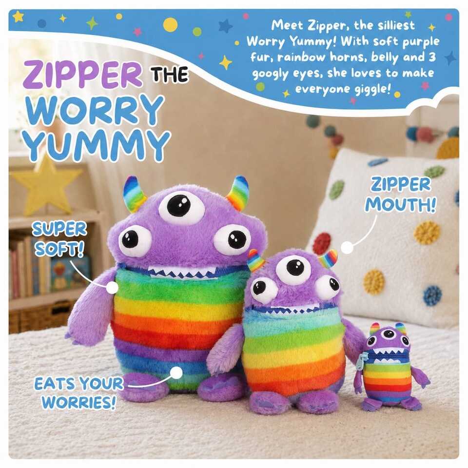 image 1 of Kids Worry Yummy Monster Cuddly Plush Toy Gift Set of 3 - Jumbo, Large and Clip-On Sizes Included