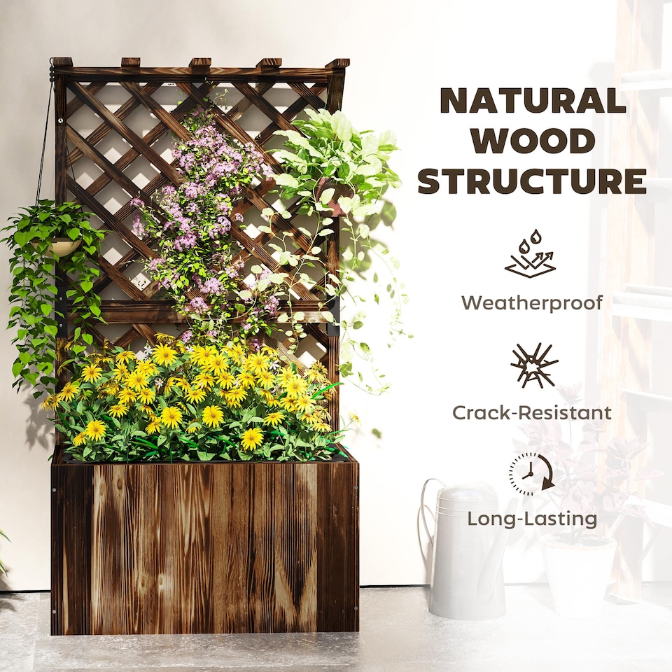 image 1 of Outsunny Wooden Planter with Trellis and Drainage Holes, Carbonised | Brown | Carbonised finish