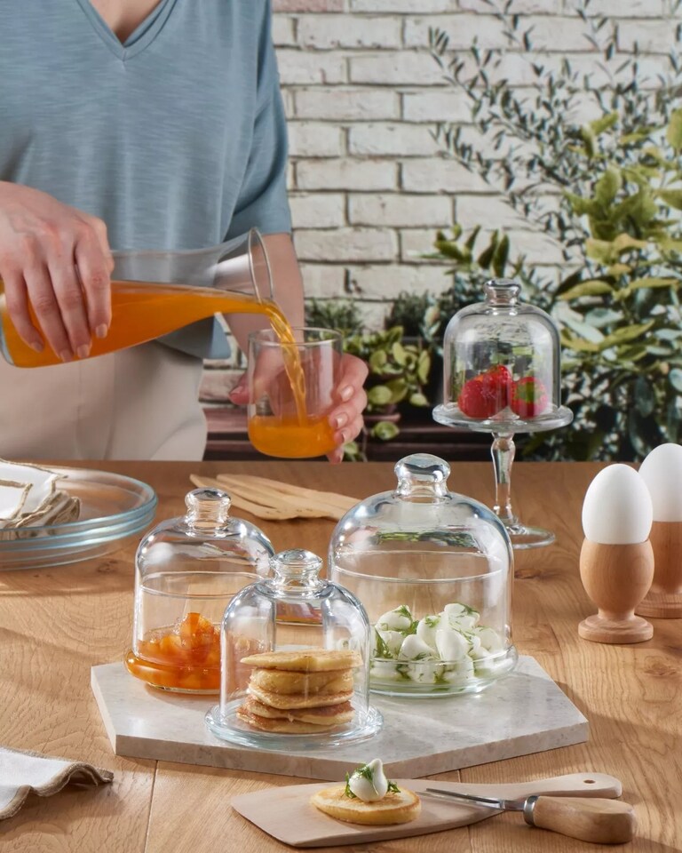 image 1 of Mini Glass Service Bowl Pastry Cookie Candy Dish Jar with Bell Dome Lid | Clear | Clear | 2 Dishes | 2