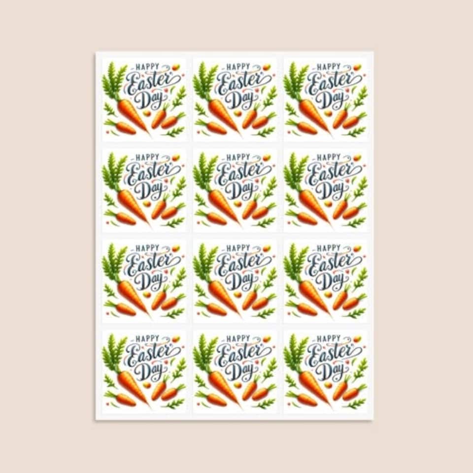image 1 of Happy Easter Carrots Square Stickers 65mm - Sheet of 12