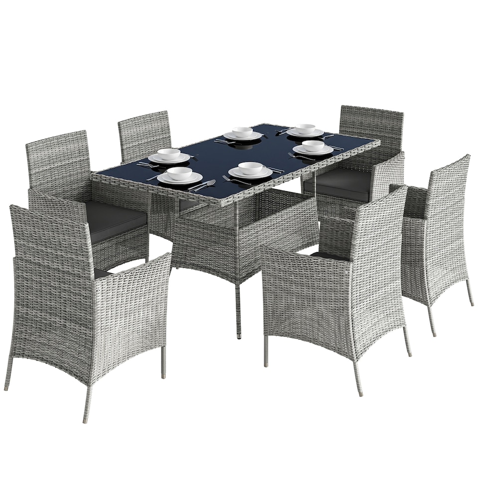image 1 of Outsunny 7-Piece Rattan Dining Set for 6 with Cushions, Glass Top Table