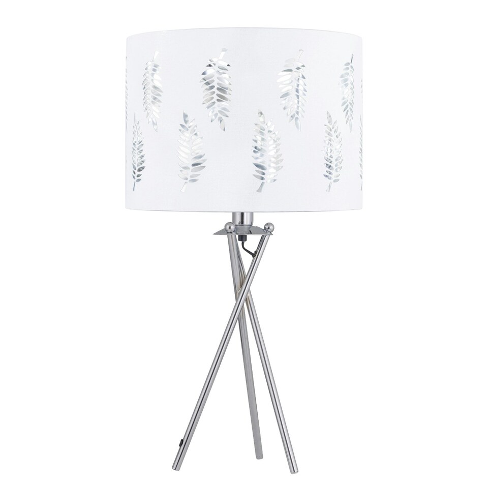 image 1 of Set of 2 Tripod Table Lamps with White Fern Cut Out Shades Chrome | White