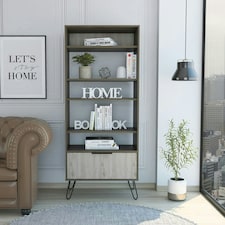 Nevada Large Four Shelf Display Bookcase With Storage - Grey and Bleached Oak Effect with Industrial Metal Accents | Brown | Grey & Bleached Oak | One Size | 1