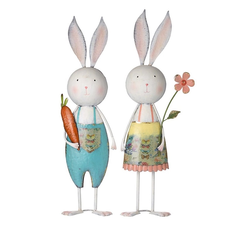 Heaven Sends Set of 2 Metal Rabbit Ornaments with Carrot and Flower