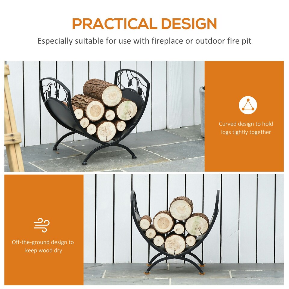 image 1 of Outsunny Iron Folding Arced Firewood Log Holder Leaf Scroll Panel Indoor Outdoor