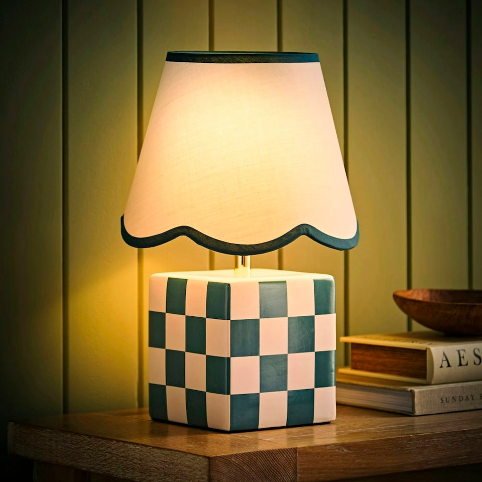 image 1 of ValueLights Evie Ceramic Cube Checkered Table Lamp with Sage Green Trim Linen Scallop Lamp Shade