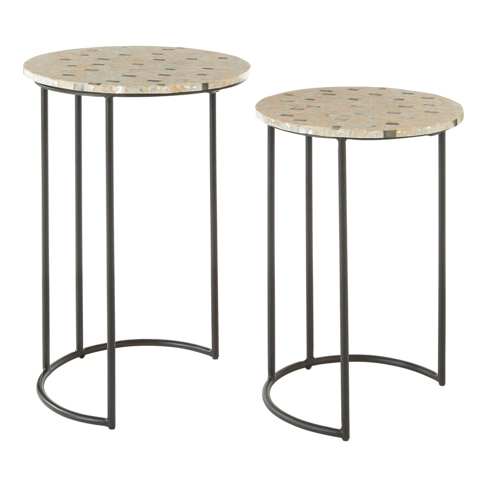 image 1 of Interiors by Premier Set of 2 Pearl Side Nesting Tables, Round Top Tables with Black Iron Legs, Couch Side Tables for Living Room