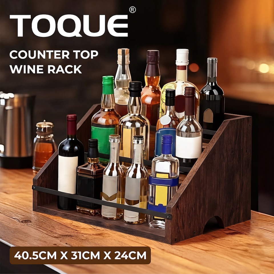 image 1 of Toque Counter Top Wine Rack Storage Liquor Bottle Display Shelf Wooden Holders