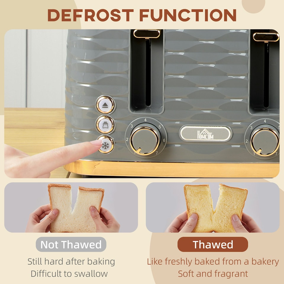 image 1 of HOMCOM Toaster with 4 Slot, 7 Browning Levels, 1600W, Grey Ripple Grey | Rose gold accents | 29.2L x 27.5W x 18.9Hcm